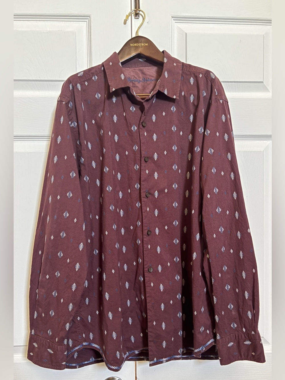 Tommy Bahama Brown Silk Cotton Geometric Button Down Shirt XL